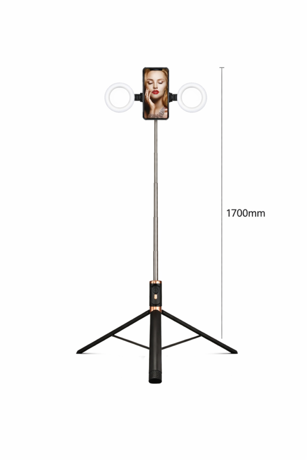 perche selfie trépied 170 cm avec double ring light – télécommande bluetooth