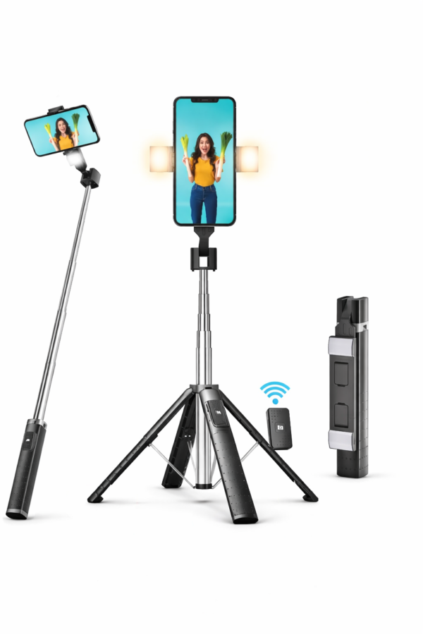Perche Selfie Trépied Bluetooth avec Lumière LED – Télécommande Sans Fil
